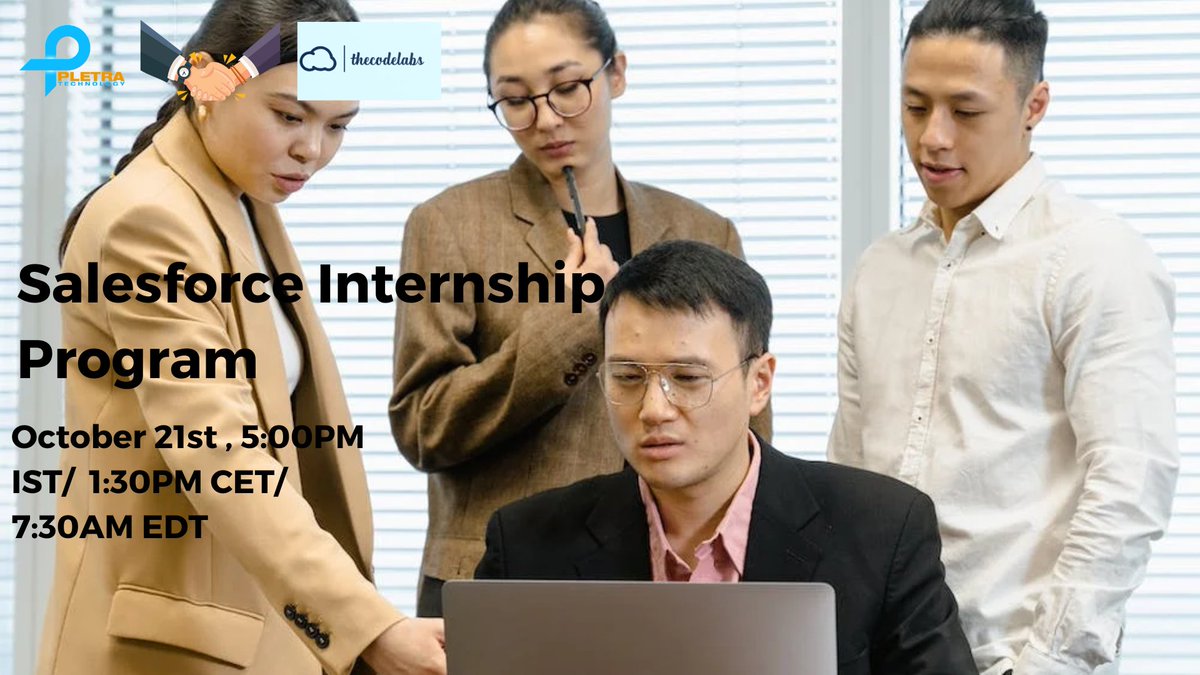 Pletratech1's tweet image. PletraTech proud to collaborate with theCodeLabs to launch an internship program for energetic and talented candidates (2020 pass out onwards Candidates) in partnership with theCodeLabs.

Register here to attend this session bit.ly/3dPk8Vw

#pletra #sfdctraining