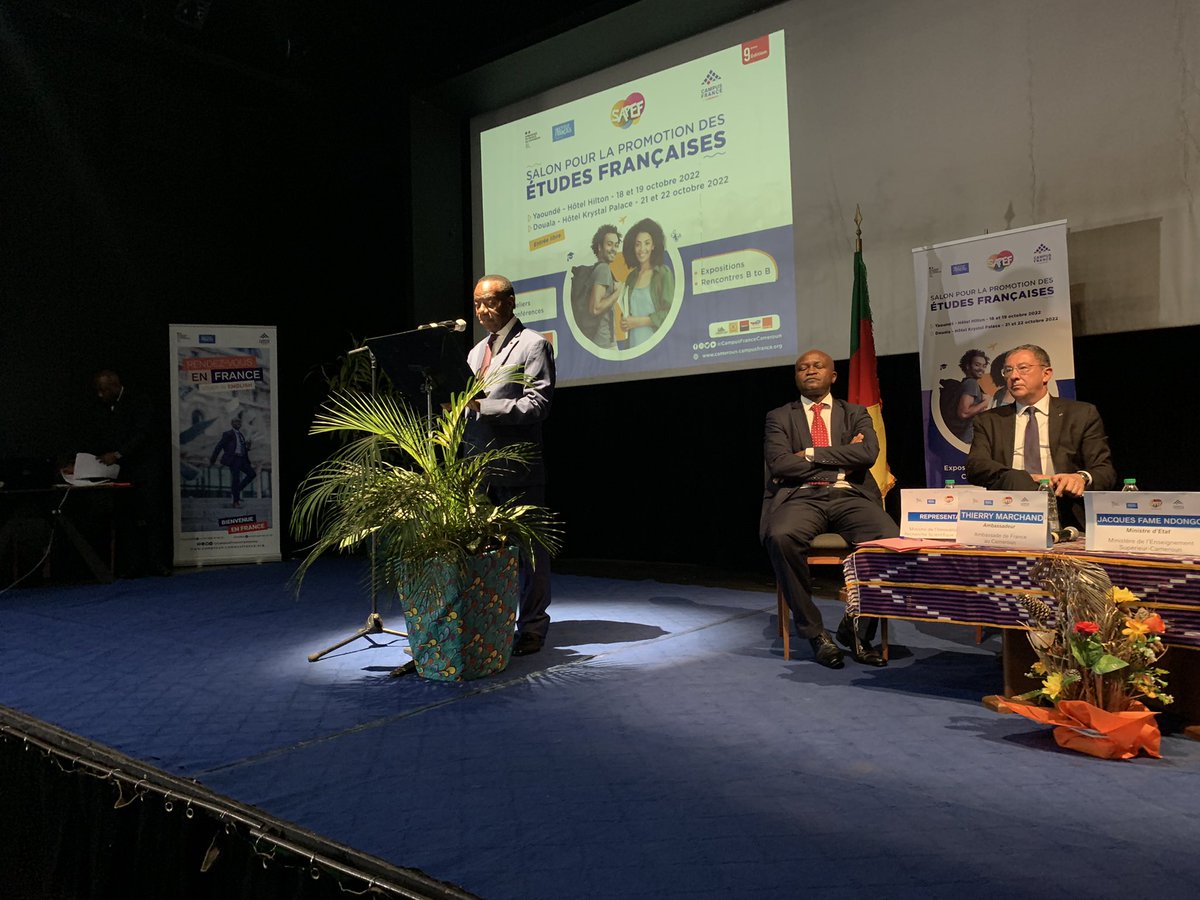 CampusFranceCam's tweet photo. Cérémonie d’ouverture de la 9ème Édition du SAPEF

En Présence de :
- Monsieur l’Ambassadeur de France au Cameroun 
- Monsieur le Ministre de l’Enseignement Supérieur 
- Monsieur le Président de Paris II Panthéon-Assas

#SAPEF_2022
#CooperationFranceCamer https://t.co/f3VUY1Dter
