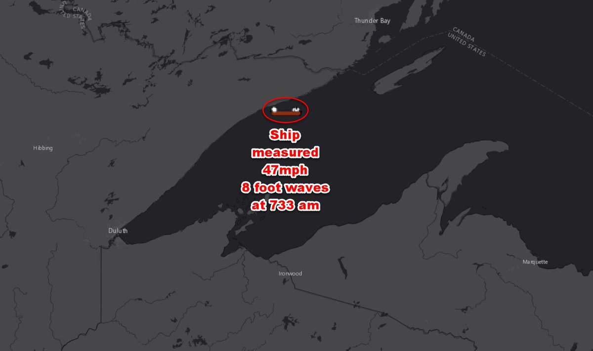 NWSduluth's tweet photo. We had a ship measure a 47 mph wind gust and 8 foot waves off of Lutsen, MN at 733 am. A Gale Warning remains in effect until 1 pm this afternoon for portions of the North Shore. https://t.co/KzXcId6wZQ