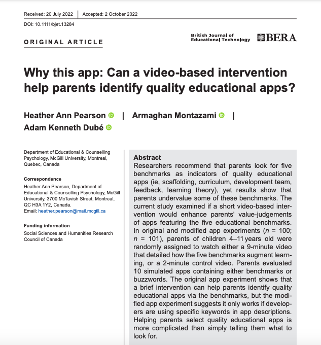 Heather_EdPsyc's tweet photo. New publication! Interested in the effects of an educational video on parents' app selection? Check out my #BJET article with @ArmaghanM @PsycGrad : 
https://t.co/4VyrTu2PvF https://t.co/wvIOBIEokD