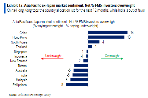 Interesting. Fund managers say they'll be overweight China/HK, underweight India over the next 12 months, according to BofA's inaugural Asia survey