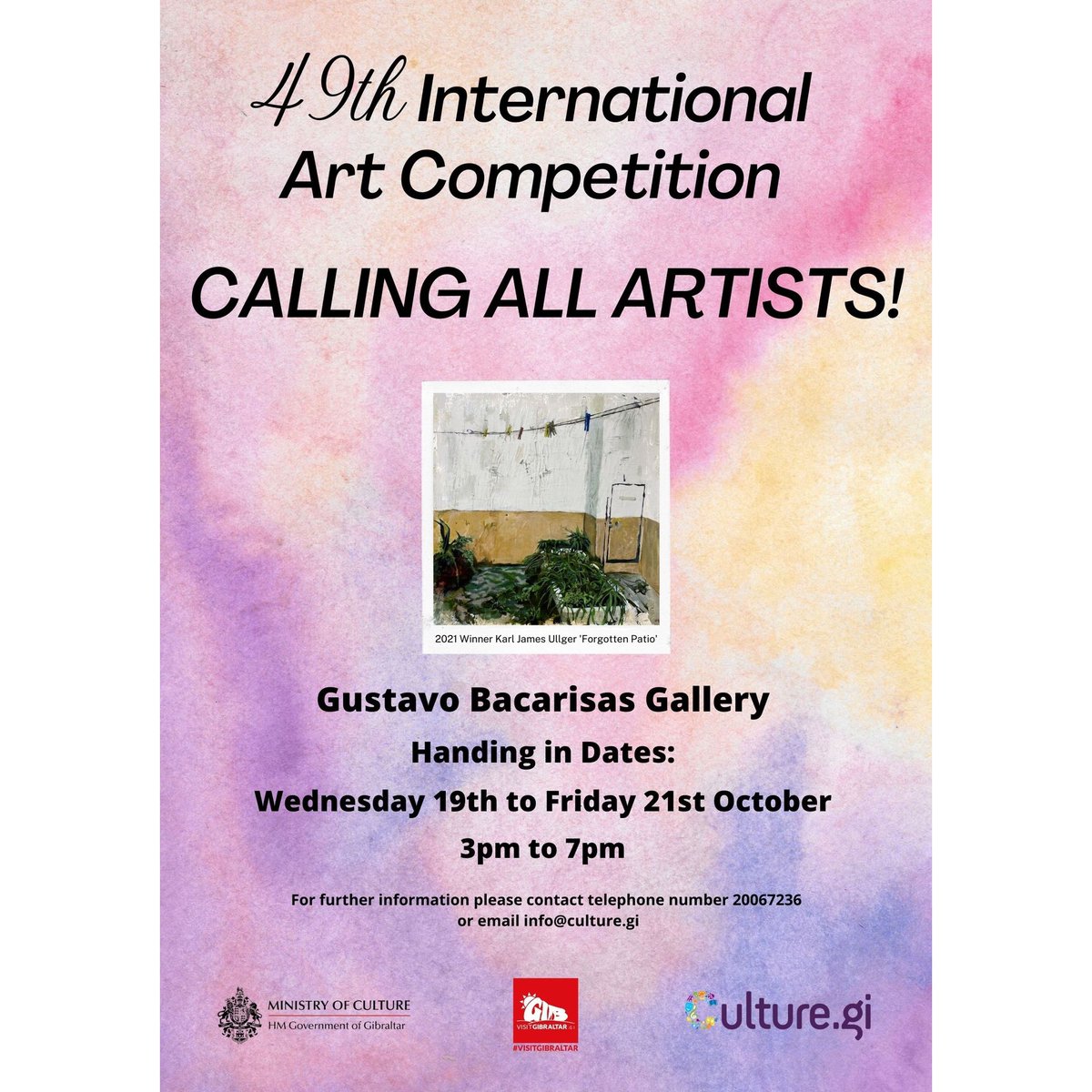 International Art Competition - HANDING IN BEGINS TOMORROW! Gustavo Bacarisas Gallery from 3pm to 7pm Also on Thursday and Friday at the same times #InternationalArt #Art #Competition #GCS #GibCulture #VisitGibraltar