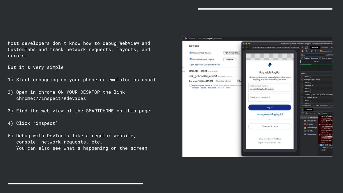 plugfox's tweet photo. #tipoftheday #dart #dartdev #dartlang #flutter #flutterdev #plugfox #devtools #webview
Most developers don't know how to debug WebView and CustomTabs and track network requests, layouts, and errors.
chrome://inspect/#devices https://t.co/PmDF7Q10Fy