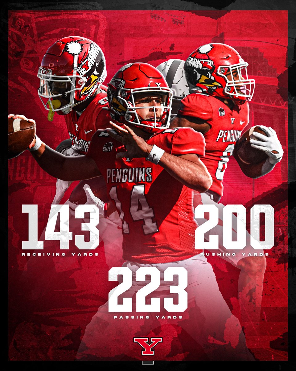 Saturday's win against Indiana State marked the first time in school history YSU won a game with a 2️⃣0️⃣0️⃣-yard rusher, a 2️⃣0️⃣0️⃣-yard passer and a 💯-yard receiver. 

Great job, Jaleel, Mitch and Bryce!

#GoGuins