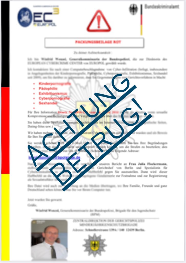 ⚠️Achtung, derzeit sind Betrugs-Mails im Umlauf.

Diese Mail ist KEIN Schreiben der #Bundespolizei.

➡️Antworten Sie nicht.
➡️Überweisen Sie kein Geld. 
➡️Sie können Strafanzeige bei der nächsten Polizeidienststelle oder Onlinewache stellen.