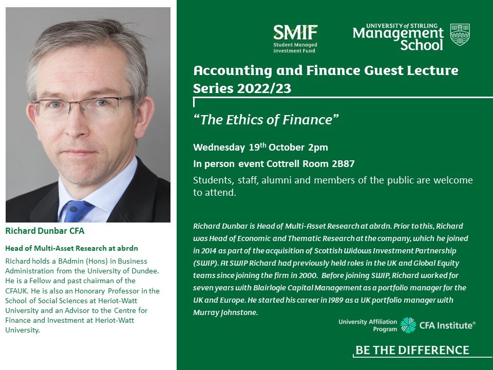 Looking forward to welcoming <a href="/RichardDunbar01/">Richard Dunbar</a> to <a href="/StirManSchool/">Stir Man School</a> tomorrow <a href="/StirlingUniSMIF/">Stirling University SMIF</a> <a href="/StirUni/">University of Stirling</a> when he will share his thoughts on a topic that is always relevant and always present #ethics #finance #investment