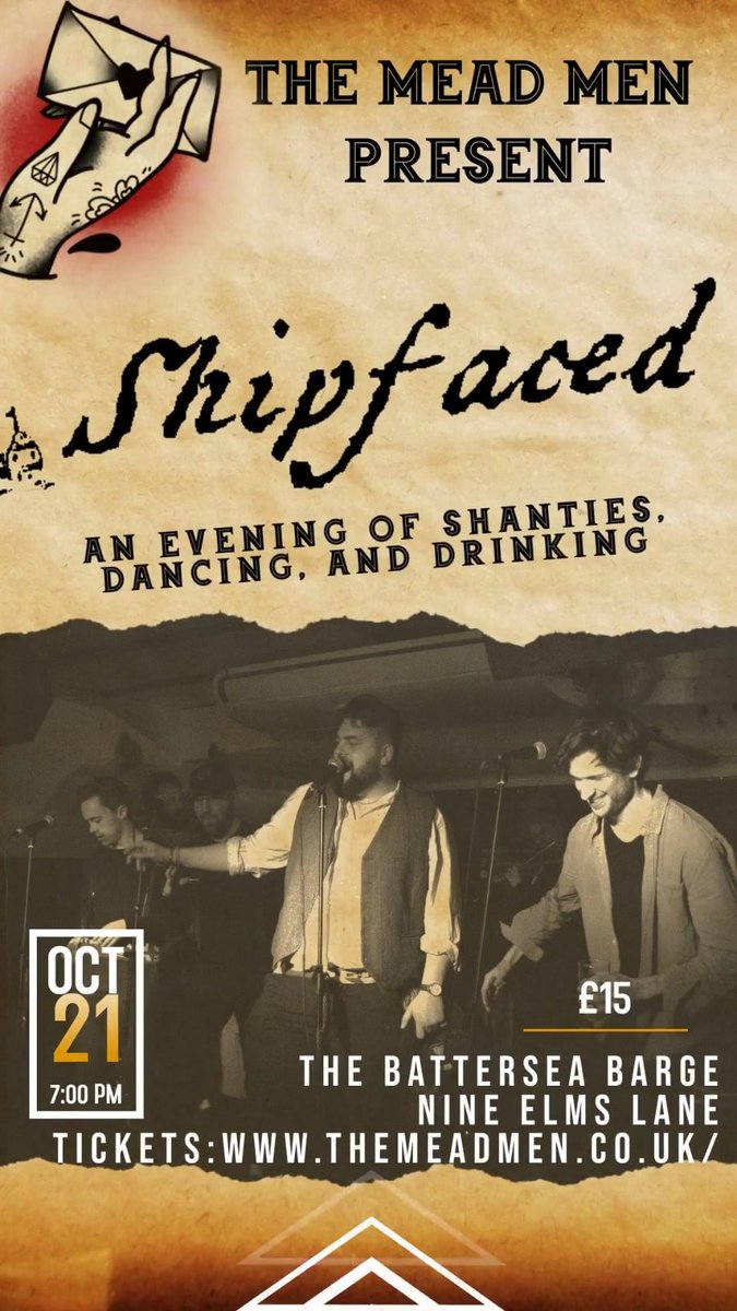 "Shipfaced" <a href="/mead_men/">The Mead Men</a> return this Friday to the Battersea Barge! Buy your tickets at themeadmen.co.uk for reels, jigs &amp;  audience participatory drinking songs! Shanty singing at its finest!