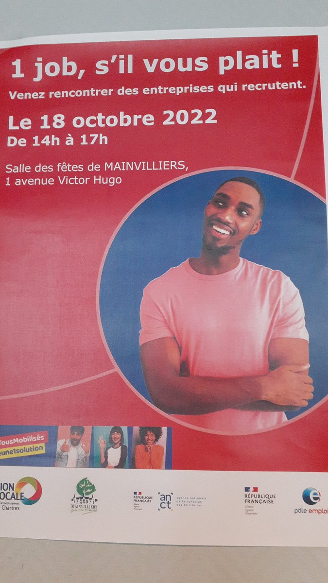 1 job SVP, un évènement pôle emploi/mission locale offrant des opportunités d'emploi aux jeunes. 17   entreprises présentes et plus de 200 jeunes attendus. #1jeune1solution <a href="/Mainvilliers28/">MAINVILLIERS</a> @poleemploi_RCVL <a href="/F_Gaussens/">Fabrice Gaussens</a>