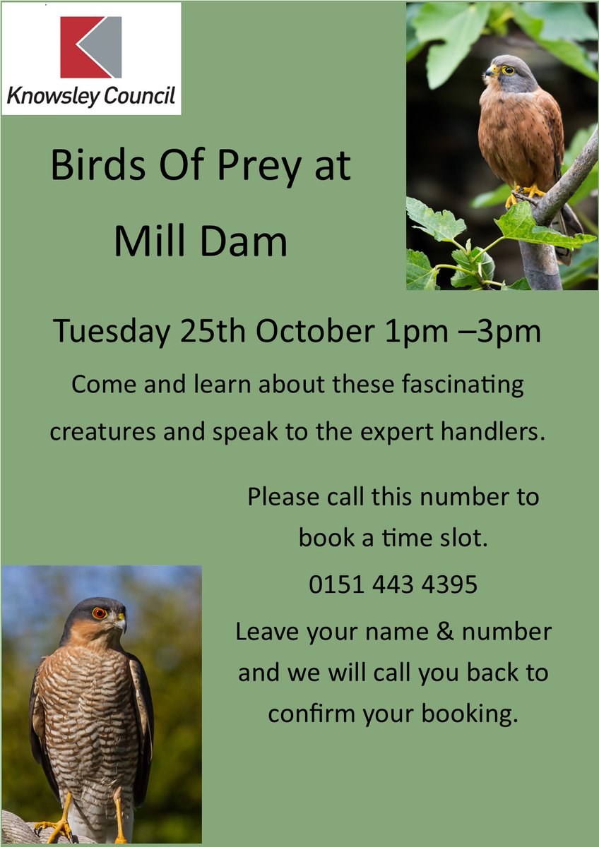 Come to Mill Dam to learn about these fascinating feathered creatures. Tuesday 25th October 1pm –3pm Please call this number to book a time slot. 0151 443 4395 Leave your name and number and we will call you back to confirm your booking. <a href="/KnowsleyCouncil/">Knowsley Council</a>