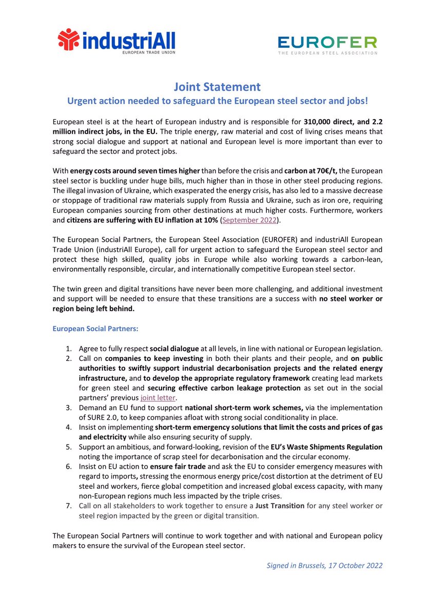 The 🇪🇺 #steel sector & its workers👩‍🏭are buckling under a triple crisis:
⚡️#energy
🪨raw materials
💸cost of living
with no equivalent in the rest of the🌏
➡️Urgent action is needed to preserve the sector & jobs #SteelNeedsEuropeNeedsSteel #EUCO
📌Social Partners joint statement👇