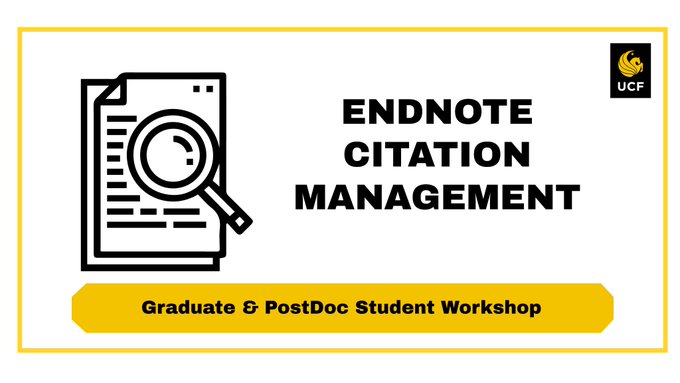 TODAY 10/19 at noon online Learn how to export citations from library databases, organize citations, generate bibliographies, and format citations in a Word document. EndNote can help make managing your references and formatting citations easy. ucf.zoom.us/j/97042728149