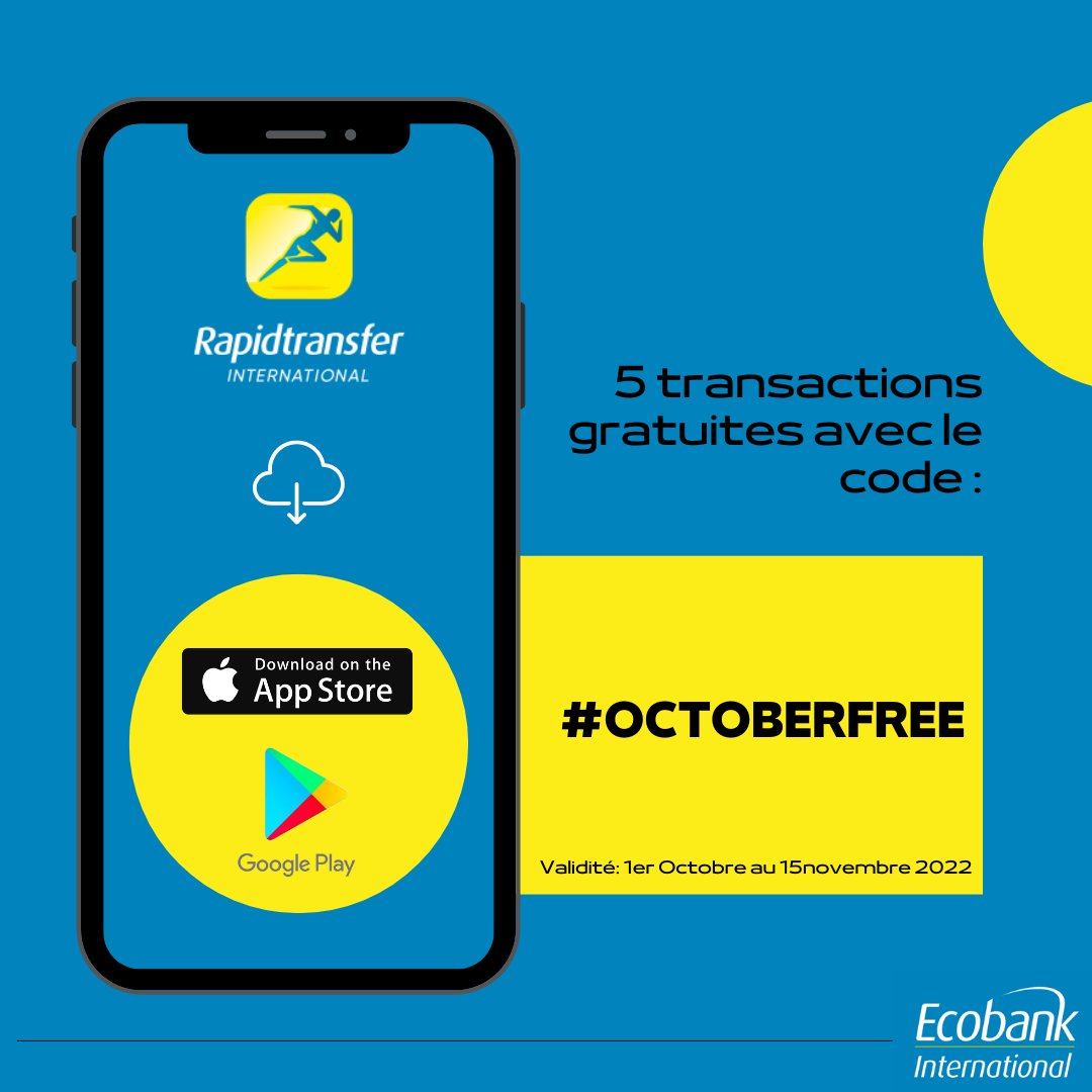 Rapidtransfer_I's tweet photo. #Rapidtransfer vous offre 5 transactions gratuites vers le continent grâce au code #OCTOBERFREE !
💙 Téléchargez l’application Rapidtransfer International sur l’AppStore
> https://t.co/sehpX4ppuH
💛 Ou sur le Google Play Store > https://t.co/7ORxeHLR2B
#ecobank #moneytransfer https://t.co/HkBZaww3MS