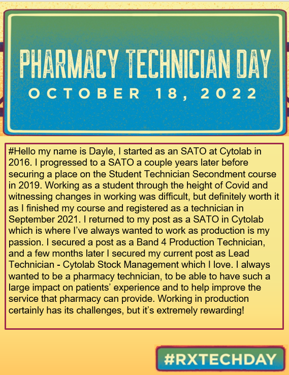NUHPharmacy's tweet photo. Meet Dayle, our Lead Pharmacy Technician for Cytolab @NUHPMU. Dayle was a pharmacy assistant who we supported with his pharmacy technician qualification.  His role is Cytolab is vital to ensure our sickest patients receive their chemotherapy on time. #RxTechDay https://t.co/pL2DYEal2d