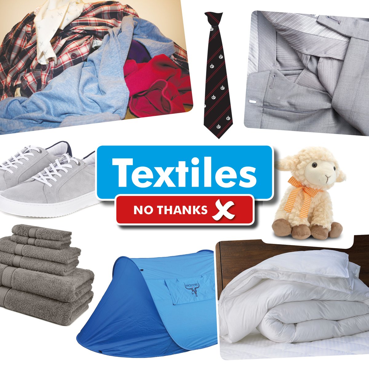 It's Recycle Week ♻️ - We don't accept clothing and textiles in our blue lidded recycling bins.  However, they can be recycled at Charity Shops, Clothing Banks, Buys Sell Swap sites, or why not repair and re-use wherever possible 👍 ♻️♻️