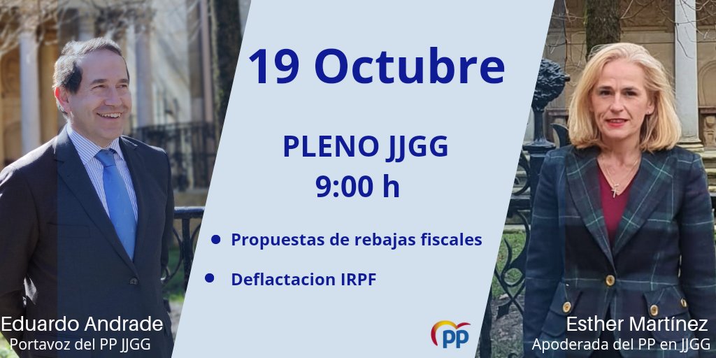 PPJuntasBizkaia's tweet photo. 🔵Mañana, nuestro secretario general y portavoz en #JJGG @eandradepp y nuestra #juntera @EstherMar2022 estarán en el Pleno debatiendo:
1️⃣ Rebajas fiscales
2️⃣ Deflactacion IRPF
📅19 octubre
🕒9.00h
Puedes seguirlo en directo👇
https://t.co/3pVku5P5pX https://t.co/EYsieWG8xC