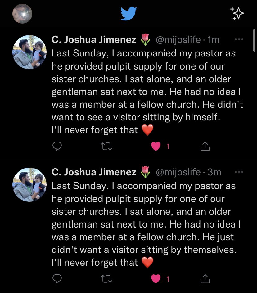 FlayArtist's tweet photo. Last Sunday, I accompanied my pastor as he provided pulpit supply for one of our sister churches. I sat alone, and an older gentleman sat next to me. He had no idea I was a member at a fellow church. He didn't want to see a visitor sitting by himself. 
I'll never forget that ❤️ https://t.co/YDGWOjfo4C