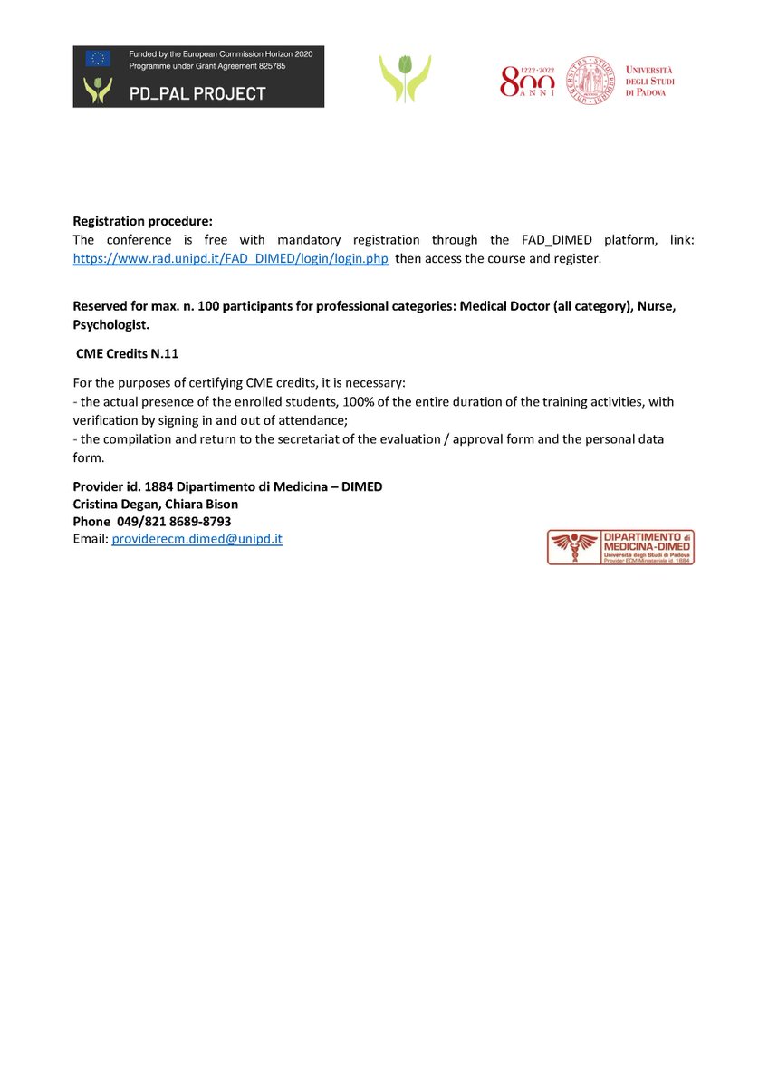 PD_Pal | Parkinson Palliative Care (@pd_pal) on Twitter photo Donāt miss the opportunity to learn from the renowned experts about #PalliativeCare in Parkinsonās Disease! Attend the #PD_Pal congress in Padova, Italy š®š¹
Itās CME accredited!
To register send an e-mail š© to parkinsonpalliativecare@gmail.com <a href="/angelo_antonini/">Angelo Antonini</a> Donāt miss the opportunity to learn from the renowned experts about #PalliativeCare in Parkinsonās Disease! Attend the #PD_Pal congress in Padova, Italy š®š¹
Itās CME accredited!
To register send an e-mail š© to parkinsonpalliativecare@gmail.com <a href="/angelo_antonini/">Angelo Antonini</a>