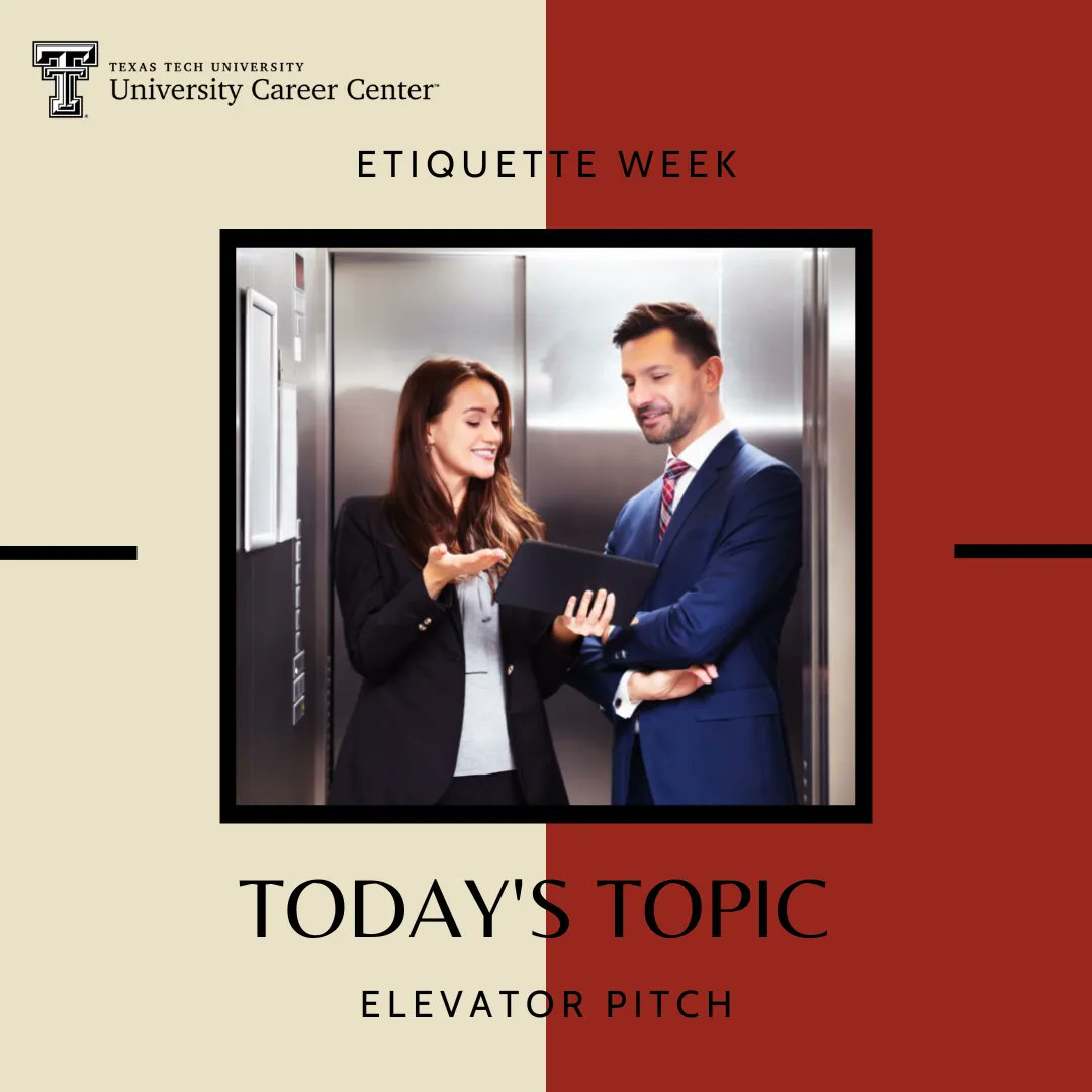 TTUCareers's tweet photo. What is an "elevator pitch?" It's a short, memorable description of what you do and/or what you sell. The goal is to earn a second conversation, not to convince the person you're talking to they should hire you or buy your solution. (HubSpot) #EtiquetteWeek https://t.co/zpCEr2FBLb