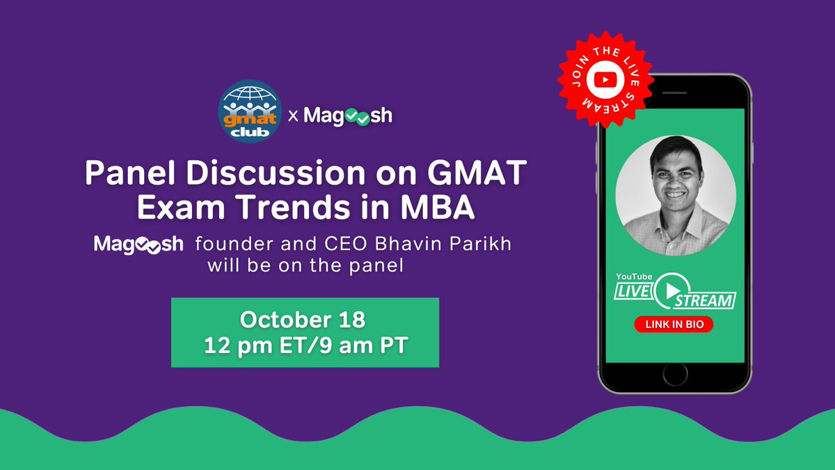 Join us and listen to a panel of GMAT Prep CEOs/Founders including Magoosh founder &amp; CEO, Bhavin Parikh! Tune in today Tuesday, October 18 at 12 pm ET / 9 AM PT to hear the experts talk about GMAT prep.  Join us at bit.ly/3gbbL7q