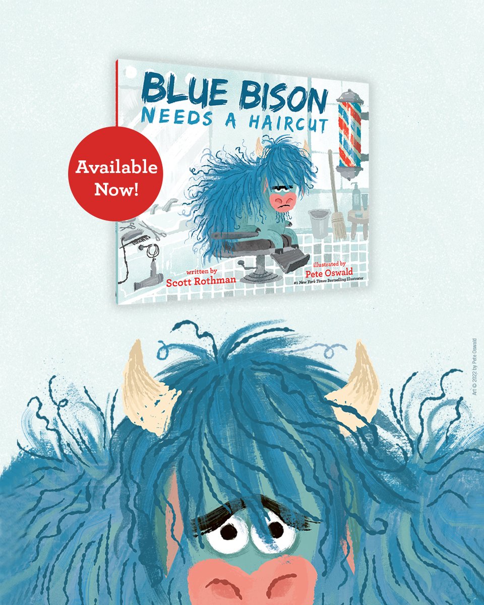 RHCBEducators's tweet photo. Happy #BookBirthday to BLUE BISON NEEDS A HAIRCUT by @scottmrothman + @peteoswaldart! Blue Bison prides himself on looking neat. But he has a growing problem-his hair. And all the barber shops are closed! A hilarious story with a subtle message that waiting is hard but necessary. https://t.co/AIxI9XRIGb