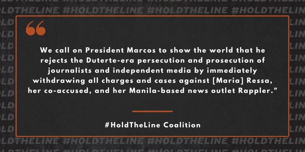 ICFJ's tweet photo. Philippine President Ferdinand Marcos Jr. should end his government's opposition to @MariaRessa’s appeal against her conviction on spurious criminal cyber libel charges, which were pursued and prosecuted by the State #HoldTheLine https://t.co/gzfdW0VNF3 https://t.co/3EaisjxLyc