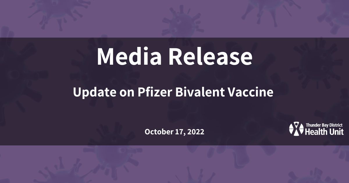 TBDHealthUnit's tweet photo. Edited tweet:
Good news! The #PfizerBivalent is now available in the TBDHU! Those 12+ currently eligible can get it starting tomorrow at the CLE.
Book through the COVID-19 vaccine portal (https://t.co/tTCoASRq4I) or call 1-833-943-3900
https://t.co/bysJNgFxBn https://t.co/cP1VNQYxS1