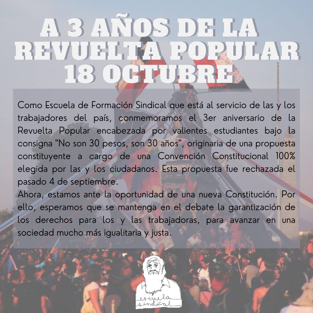 esclotarioblest's tweet photo. Hoy conmemoramos el 3° aniversario de la Revuelta Popular. Recordamos a quienes fueron asesinados, mutilados y arrestados injustamente bajo el gob. del ex pdte Sebastián Piñera. Queda un largo camino para buscar justicia, reparación y principio de no repetición. #18DeOctubre https://t.co/EC929qTMXu