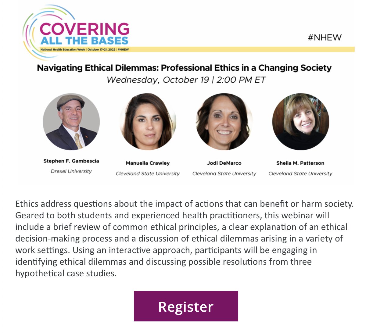 Don't forget to tune into today's webinar at 2pm focused on Health Communications. Tomorrow's webinar (Wednesday) will cover Navigating Ethical Dilemmas. Register here: ow.ly/zyS450L9L4f