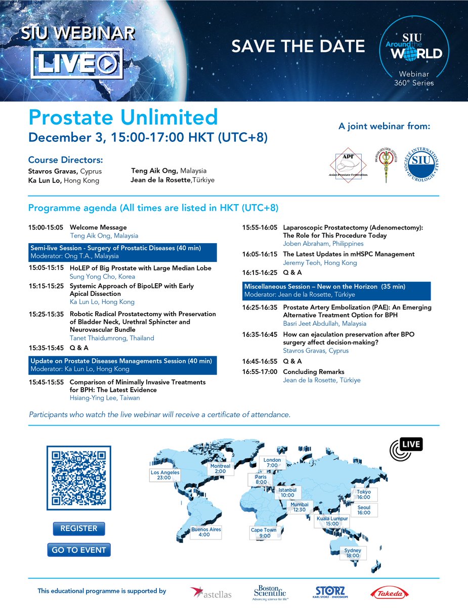 Don't miss the 3rd edition of the Prostate Unlimited live webinar on #SIUAcademy, in collaboration with the Asian Prostate Federation & Malaysian Urological Association! Register for free! 📅 Dec 3 ⌚ 15:00-17:00 HKT 🔗 bit.ly/3TDG5Hd #Webinar360