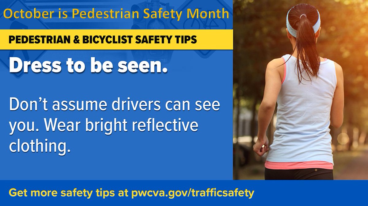 October is #PedestrianSafetyMonth & #PWCPD joins the @VirginiaDMV & the @NHTSAgov in reminding pedestrians & drivers to respect each other to stay safe on the roads. For more info, visit: pwcva.gov/department/pol…