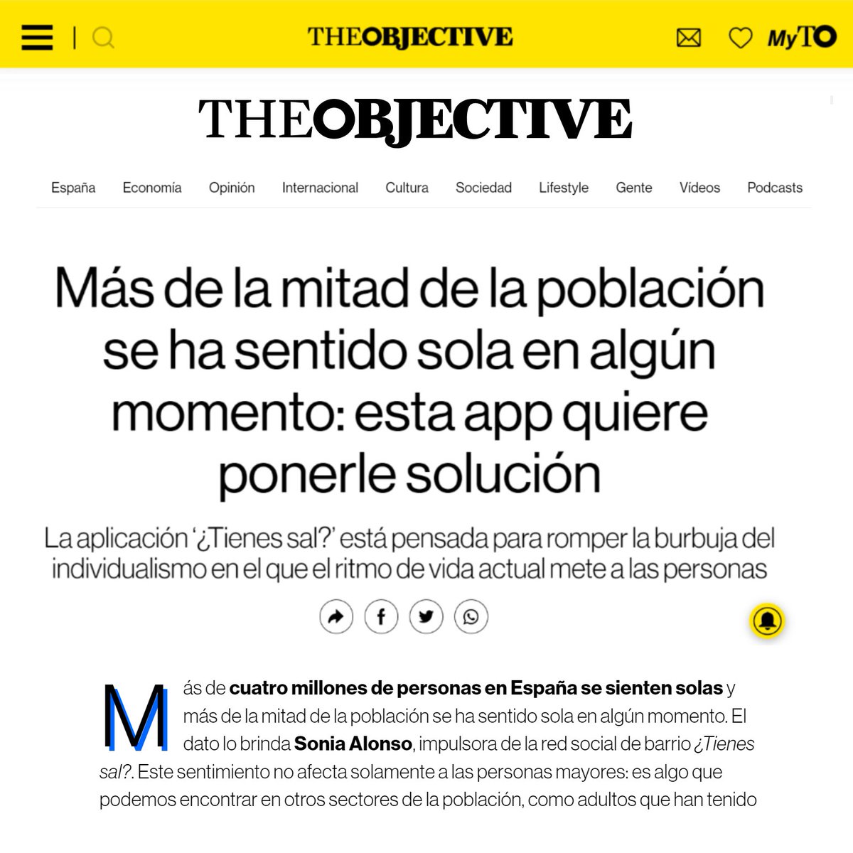 tienes_sal's tweet photo. “Nos dimos cuenta de la importancia de tener vínculos cercanos, gente que te puede ayudar, que te puede sacar una sonrisa” Sonia Alonso, fundadora de la app, reflexiona sobre la importancia de las conexiones con los vecinos y en el barrio, en este artículo @TheObjective_es https://t.co/1aLPzKrNc8