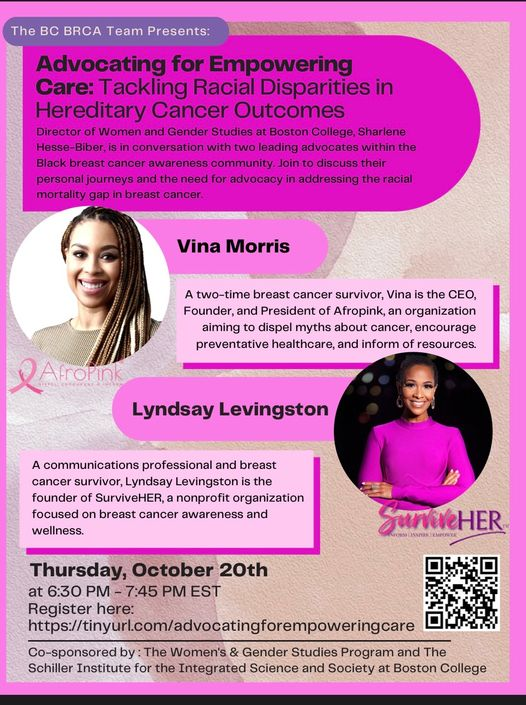 BRCAWomenBC's tweet photo. Join us this Thursday on Zoom for a panel with Lyndsay Levingston and Vina Morris to discuss racial disparities in hereditary cancer outcomes. Click the link below to register for zoom.

https://t.co/QEECcCmJyj https://t.co/R8rXcI9ZbM