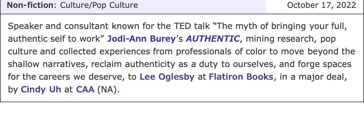 Jodi-Ann Burey <a href="/jodiann_b/">Jodiann B</a> sees the kinetic power coiled up in professionals of color, particularly Black women, who have been misled by lies about authenticity in the workplace. Her book is going to be a force. ✨ Can’t wait to publish this <a href="/Flatironbooks/">Flatiron Books</a>