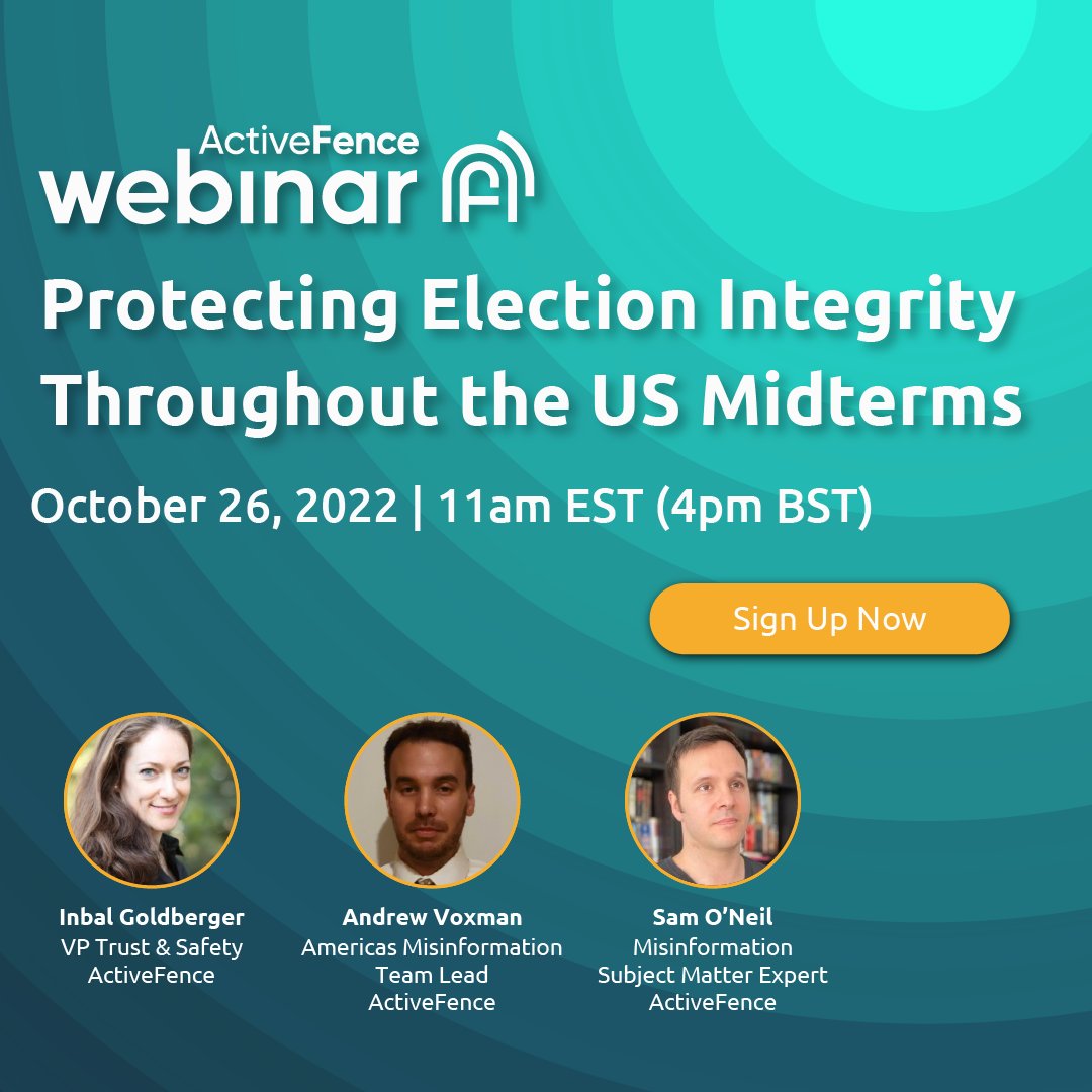 alice_dot_io's tweet photo. Join the @ActiveFence team of #misinformation experts, @InbalGoldberger, Andrew Voxman &amp; Sam O'Neil to gain insights on securing platform integrity ahead of the midterm elections. 

https://t.co/GHWOSK3zHd
#trustandsafety https://t.co/RpEsw86GeK