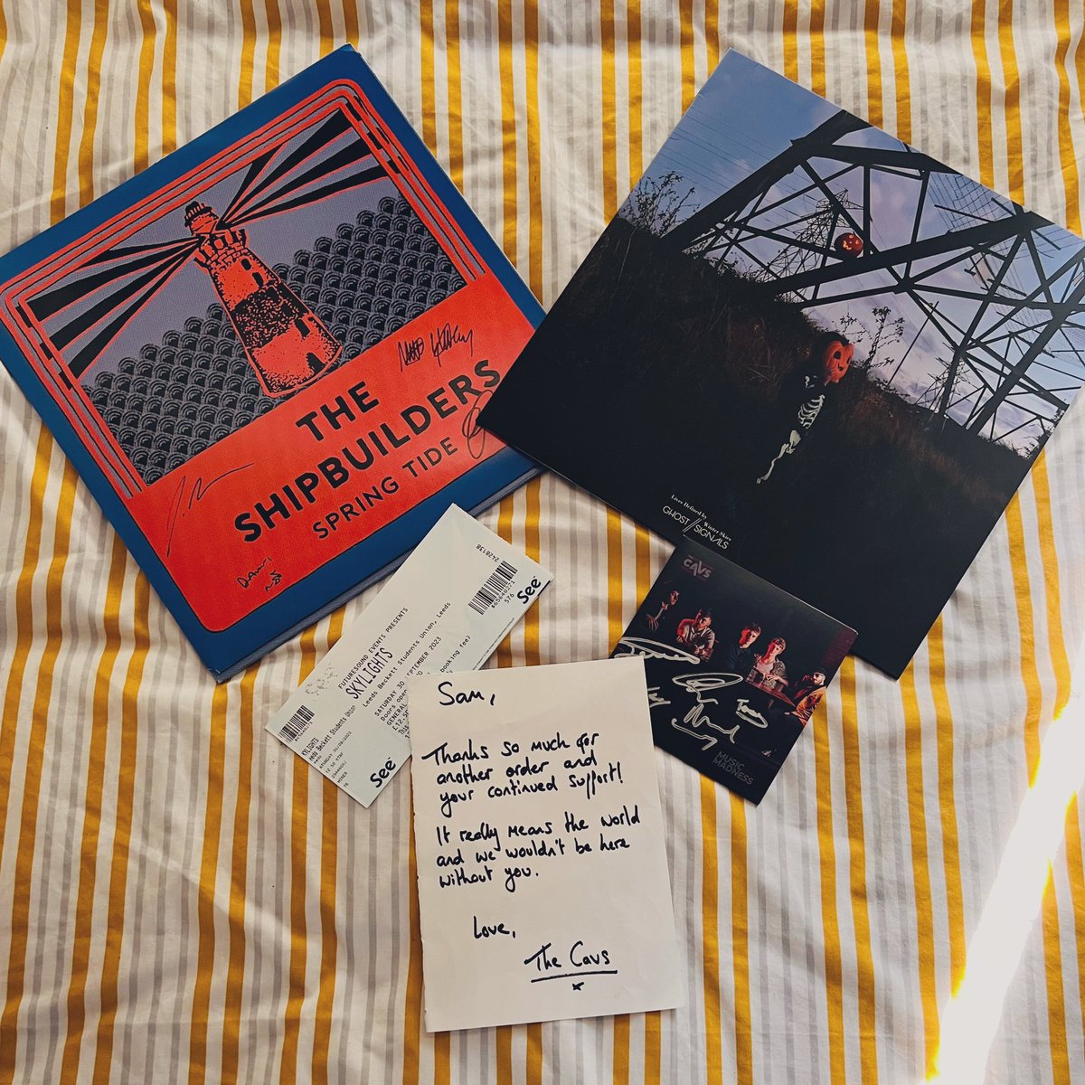 Shout out to all these legends - look at all my deliveries today! @ghostsignalsx can’t wait to listen, thank you SO MUCH 🤍 @CavsBand always got your backs, amazing EP ❤️ @TheShipbuilders one of the best albums of the year 🧡🎵 @SkylightsYRA bring on LEEDS 🥳