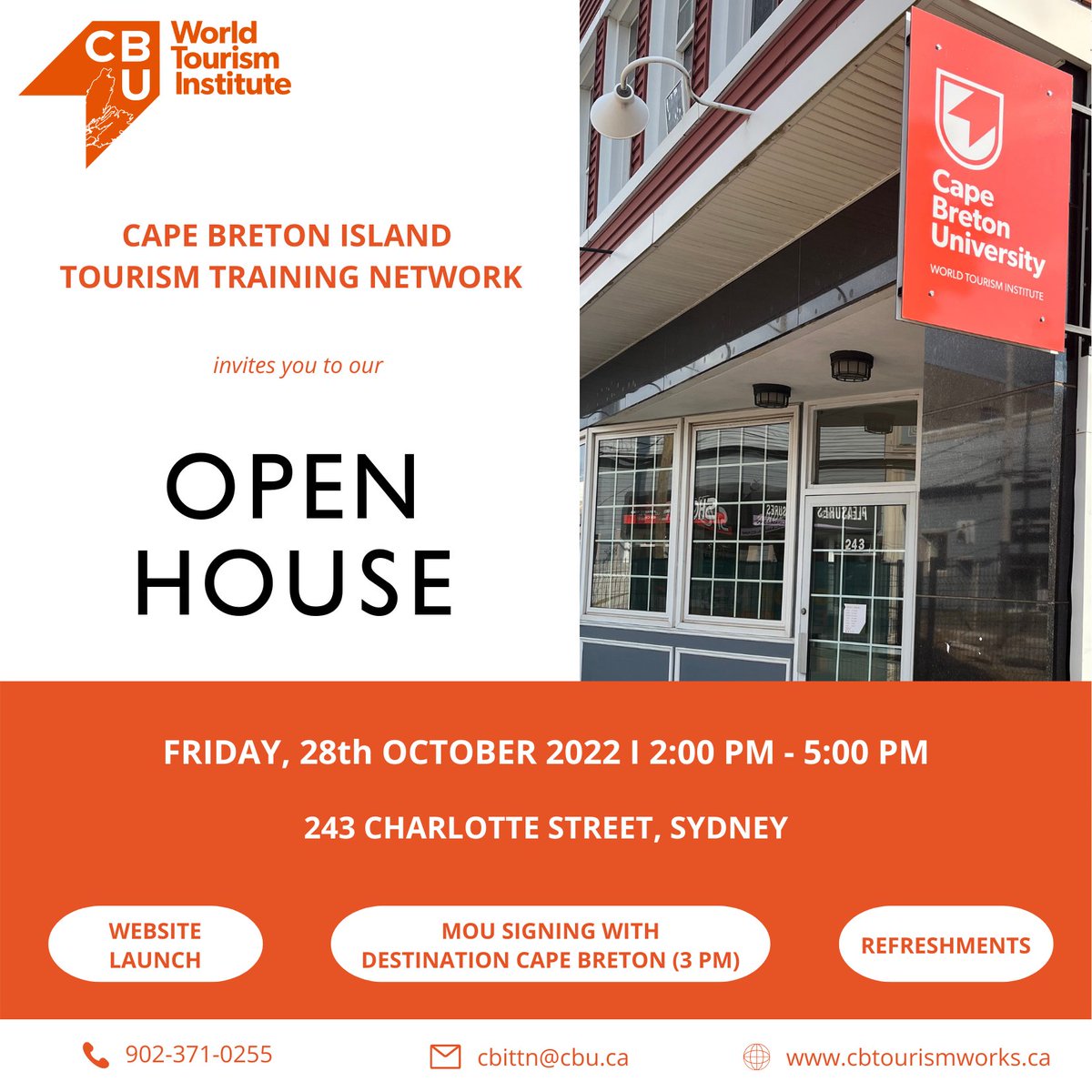 Join us on October 28th for our CBITTN Open House, 2-5pm!

There is an official memorandum of understanding signing between Destination Cape Breton and Cape Breton University, launch of our website, and refreshments.