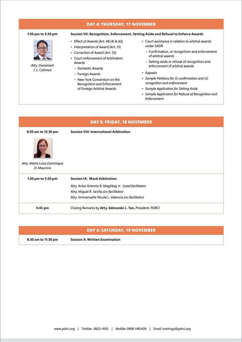 PDRC_org's tweet photo. Learn the fundamentals of arbitration from our panel of distinguished lecturers.

Register for PDRCI’s 24th CATW scheduled on November 14 to 19, 2022. For more information, contact the PDRCI Secretariat at (+632) 8822-4102, (+63) 908-146-1426, or via email at trainings@pdrci.org https://t.co/ILb8MssJhC