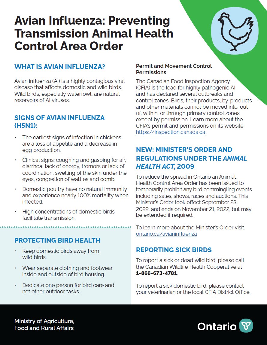The @OMAFRA Minister's Order re: prohibition on bird events has been extended into Nov.  Difficult news for a number of people looking forward to Fall exhibitions including <a href="/RoyalWinterFair/">TheRoyalWinterFair</a> but it remains bird flu season after all