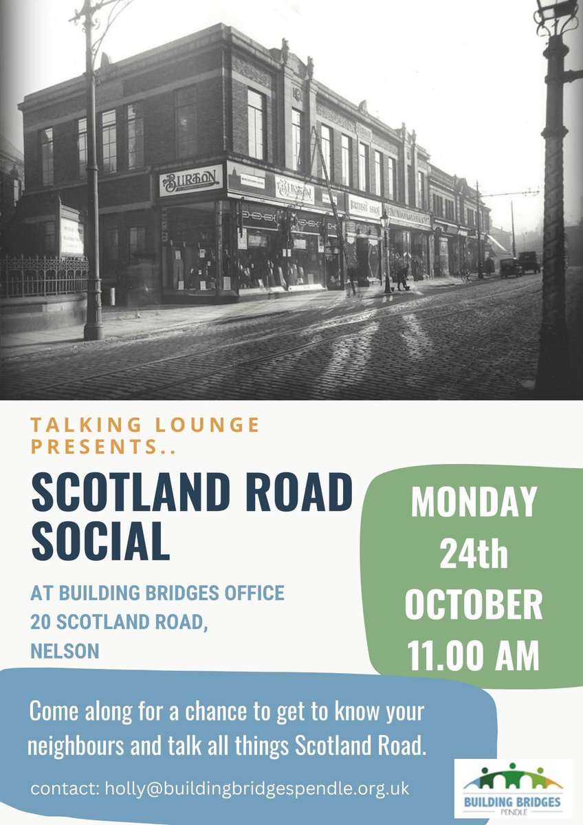 BBPendle's tweet photo. A morning meeting residents and businesses, inviting them to the ‘Scotland Road Social’ on Monday 24th October at 11am.
If you live or are a business based on Scotland Road, pop along for a buscuit and a brew!
#goodneighbours #TalkingLounge #talkingsociety #thisisnelson https://t.co/RyfEkel048