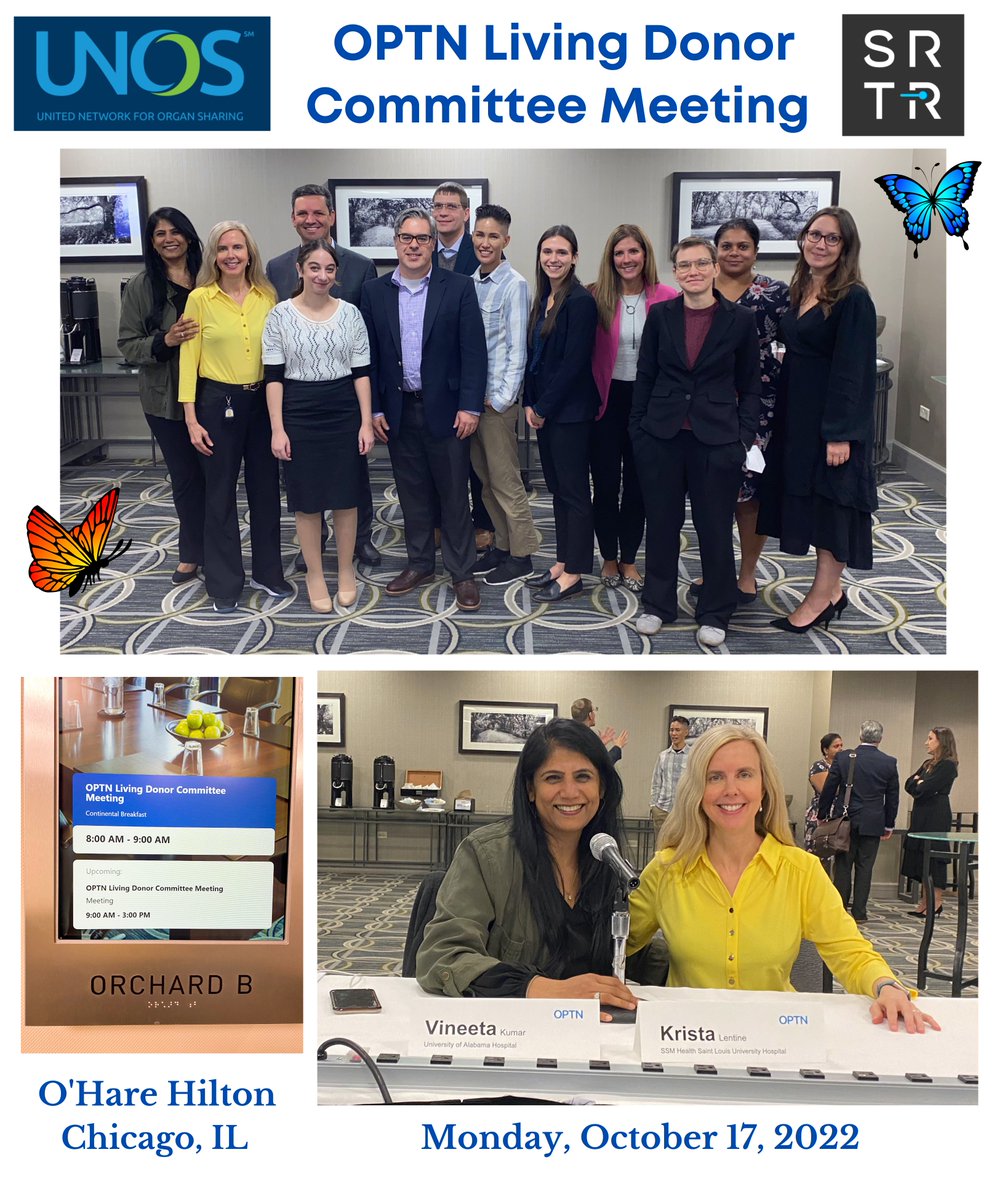 KristaLentine's tweet photo. Honored to represent @SRTRNews at @UNOSNews #LivingDonorCmte 🦋 | October 17, 2022 – 1⃣st return to Chicago since the pandemic🌇
• 🙏🏾Thanks to Cmte for robust discussion🙌🏾
• Wonderful to engage in unique '#PatientProfessional' collaboration🤝🏽that defines the Cmte’s #mission 👐🏾 https://t.co/pg7nnXe1cb