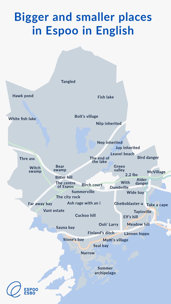 Meiltä on viime päivinä kyselty paikannimiä englanniksi. Suurempien ja pienempien paikkojen nimiä Espoosta käännettynä, olkaa hyvä 😃

Kiitos inspiraatiosta <a href="/HelsinkiKymp/">Kaupunkiympäristö</a> ja <a href="/VantaanKaupunki/">Vantaan kaupunki</a> ja toteutuksesta Espoolla työskentelevät englannin ammattilaiset.

#Espoo #EspooJuhlii