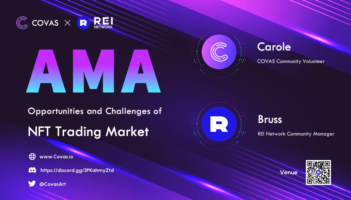 CovasArt's tweet photo. We are delighted to announce our first AMA with @GXChainGlobal

Topic: Opportunities and Challenges of NFT Trading Market

🗓️Oct 20, 2022 12:00 am (UTC)

🏡Venue: https://t.co/hZoIVEr37X 

Guest👯
CovasArt Community Volunteer | Carole
REI Network Community Manager | Bruss https://t.co/0Nh13EG6g1
