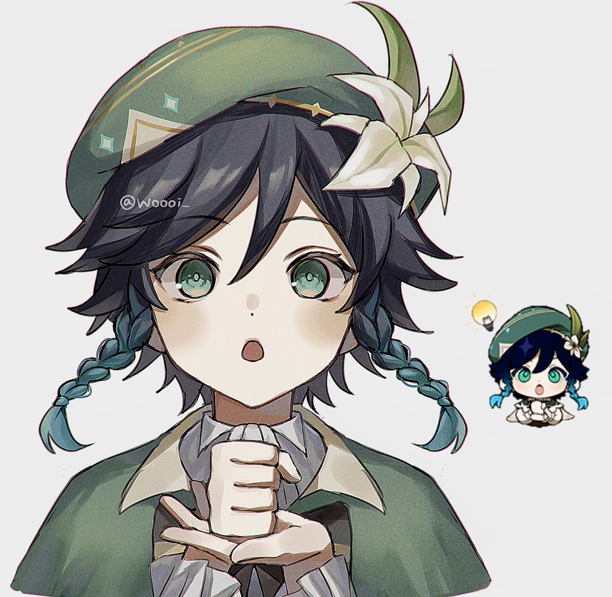 venti (genshin impact) 1boy green headwear hat male focus black hair flower braid  illustration images