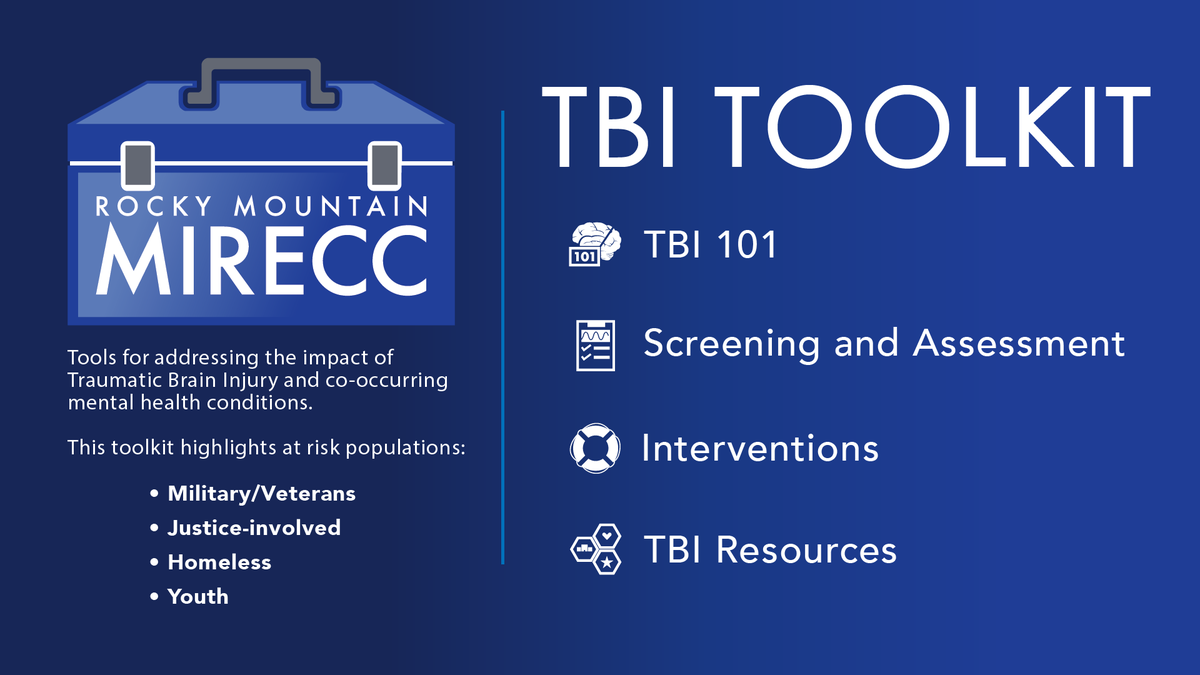 RMIRECC's tweet photo. Did you know? 

Rates of #traumaticbraininjury are estimated at 60% for #justiceinvolved adults. 

If you work with this population, please visit RMIRECC’s newly updated online toolkit https://t.co/bHv0JBWmqt for info about screening, assessment and intervention. https://t.co/HqixWNOUtl