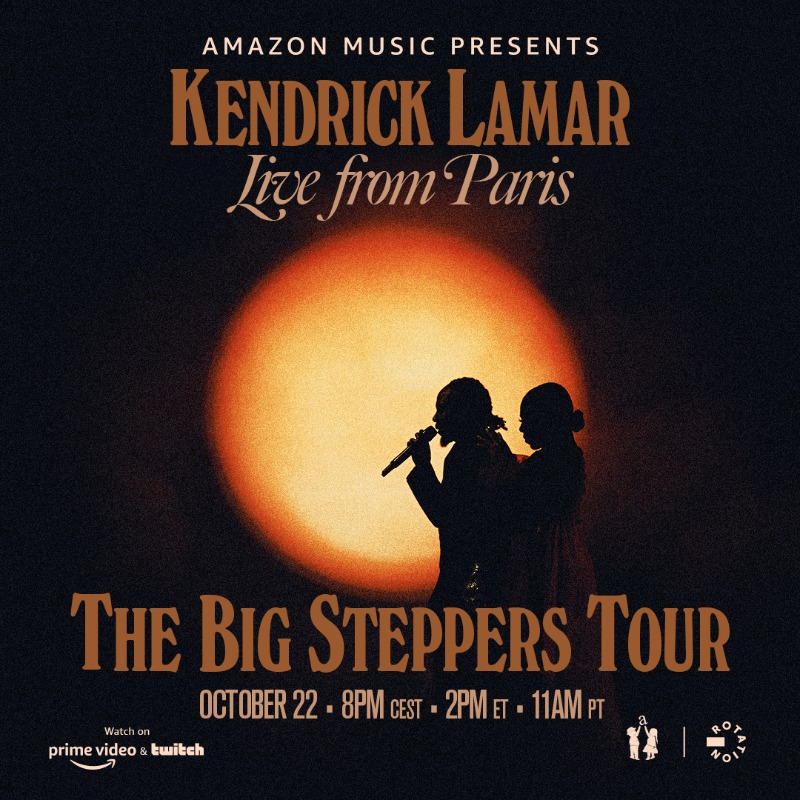 amazonmusic's tweet photo. Watch @kendricklamar live from Paris 10/22/22. Catch it only on the Amazon Music Twitch channel and Prime Video. #KendrickLivestream