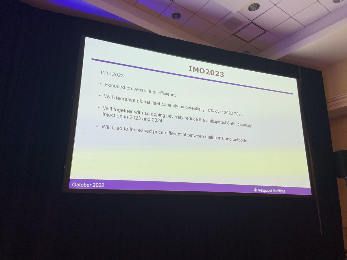 PeterTirschwell's tweet photo. IMO2023 fuel efficiency rules will reduce global fleet capacity by 10% in 2023-2024 via slow-steaming and together with scrapping will โseverely reduceโ effective fleet expansion due to recent surge in vessel ordering, Jensen tells #SCITC https://t.co/hvJSxvQXaf