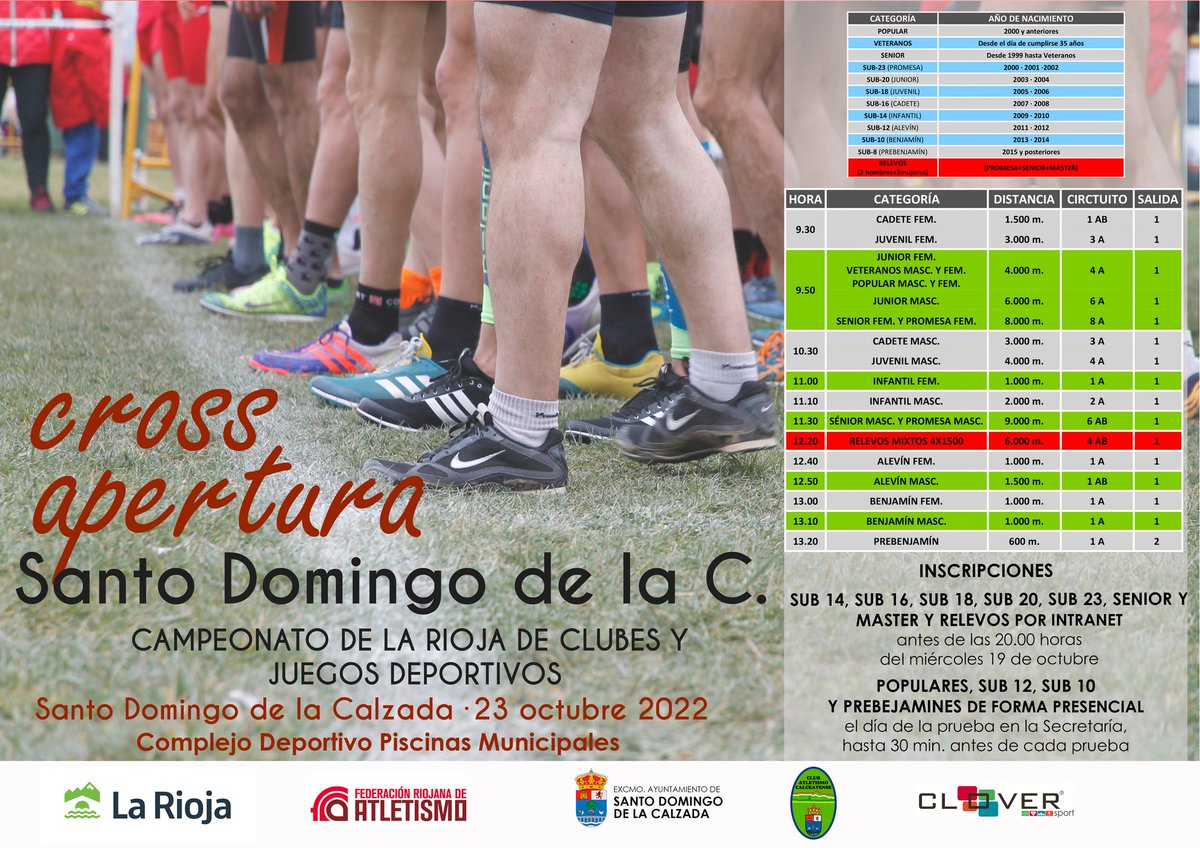 Cross apertura, campeonato de La Rioja de clubes y clubes mixto (4x1500) y juegos deportivos, Santo Domingo de la calzada, domingo 23 octubre. Todos seréis bienvenidos.