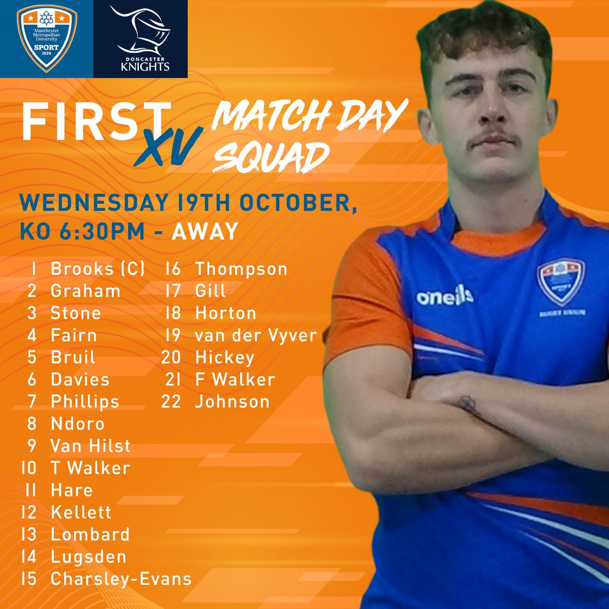 MMURUGBY's tweet photo. Here’s your @MMUSport 1st Team to face @DKAcademy_ @udc_edu tomorrow
🔵 Willem Johnson & Dirk Bruil return
🟠Thompson and Davies make their debuts from @SaleSharksAcad
🔵 Josh Lugsden starts
🟠 Debut for our Man from Munster Hickey
#LetItLive #BlOrange #BestTeamMates https://t.co/ktSrtMgKPB