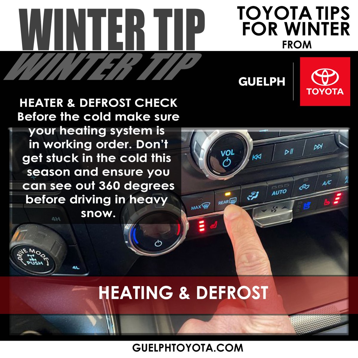 GuelphToyota's tweet photo. Winter Tip from @GuelphToyota to make sure you don’t get stuck in the cold this season! #winter #heating #heater #cartips #cars #toyota #toyotafamily #ready #winterready #guelph #cardealership #service #dealership #workingorder #warm #staywarm #maintenance #serviceandparts https://t.co/2HYRvRJ8eG