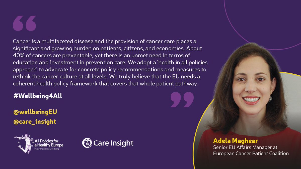 wellbeingEU's tweet photo. About 40% of cancers are preventable, but prevention care still has a way to go. 

As @AMaghear said, a 'health in all policies approach' can help rethink cancer &amp; cancer culture at all levels and advocate for concrete cross-sectoral policy recommendations. 🇪🇺
#EUCancerPlan https://t.co/mcCMN9RHBe